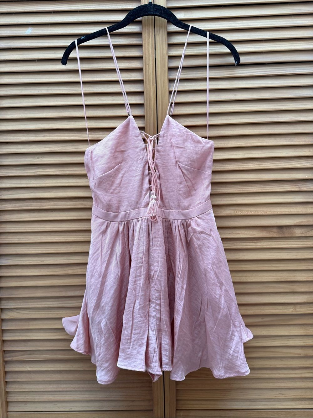 TJD Dusty Rose Spaghetti Strap romper with Lace-Up Detail small